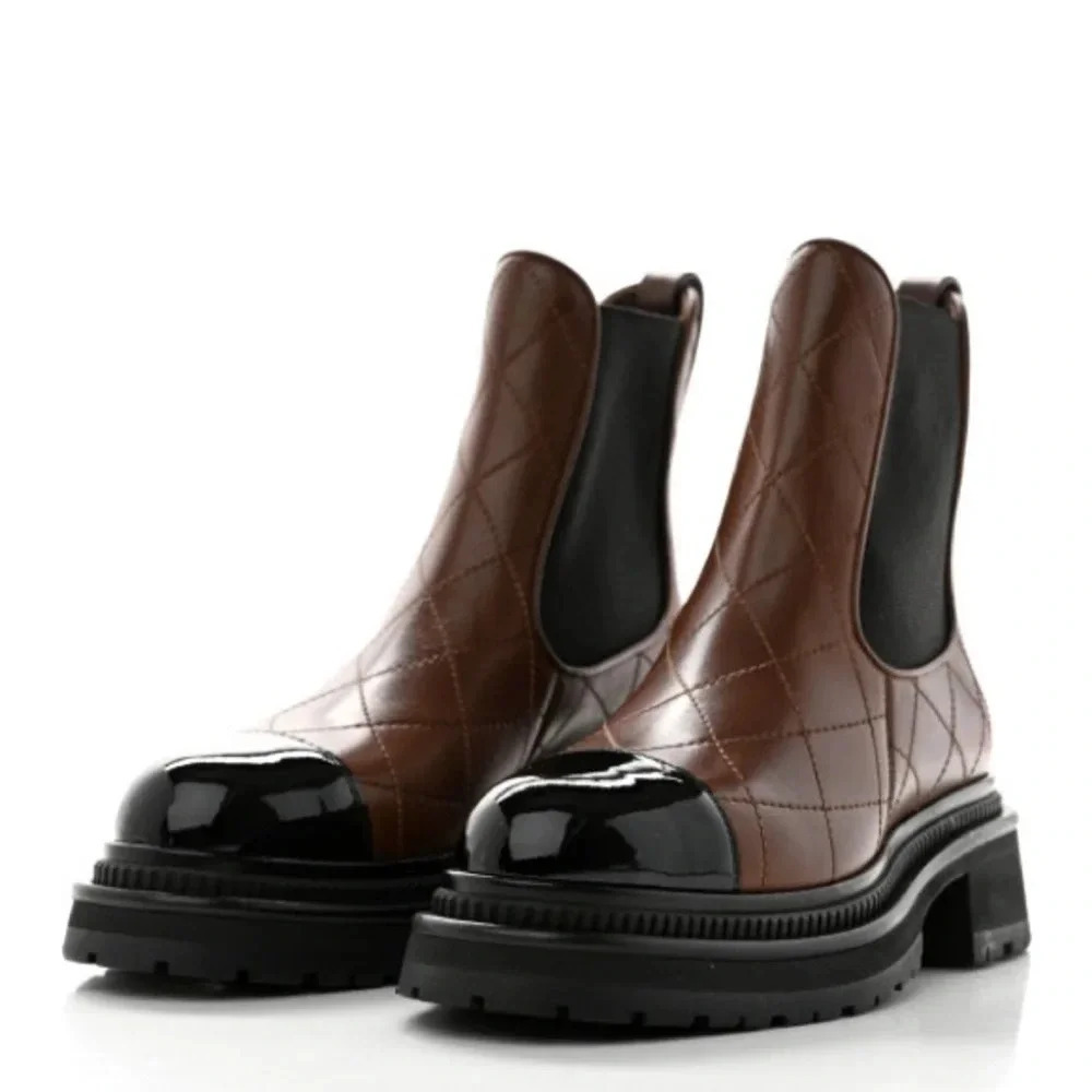 New Chanel Calfskin Black Patent Toe with Brown Quilted Ankle Boots, Size 6US